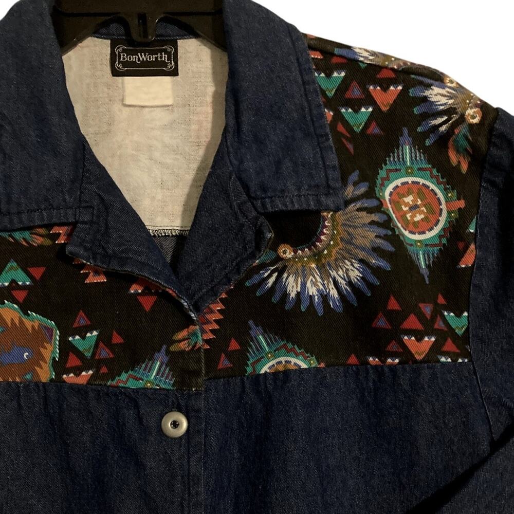 Denim‎ Shirt Shacket Vintage Bon Worth Women's L Dark Blue Aztec Southwest Chore